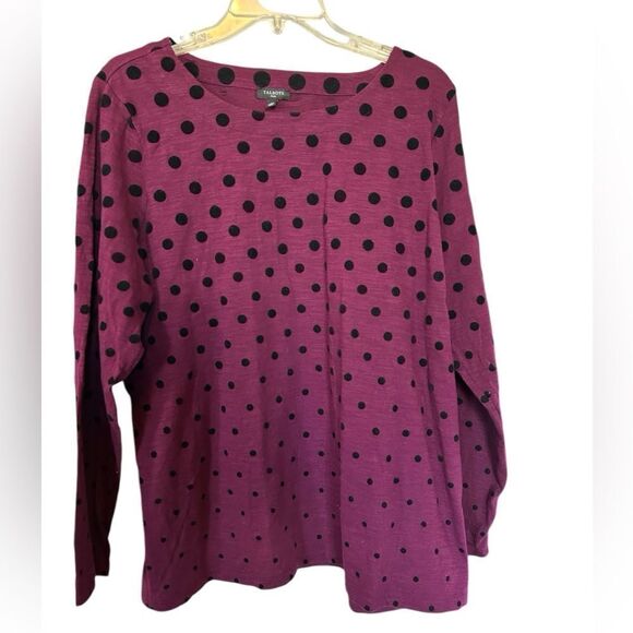 Talbots Purple Long Sleeve flocked black polka dots 100% Cotton Tunic Top 1X - Picture 1 of 8